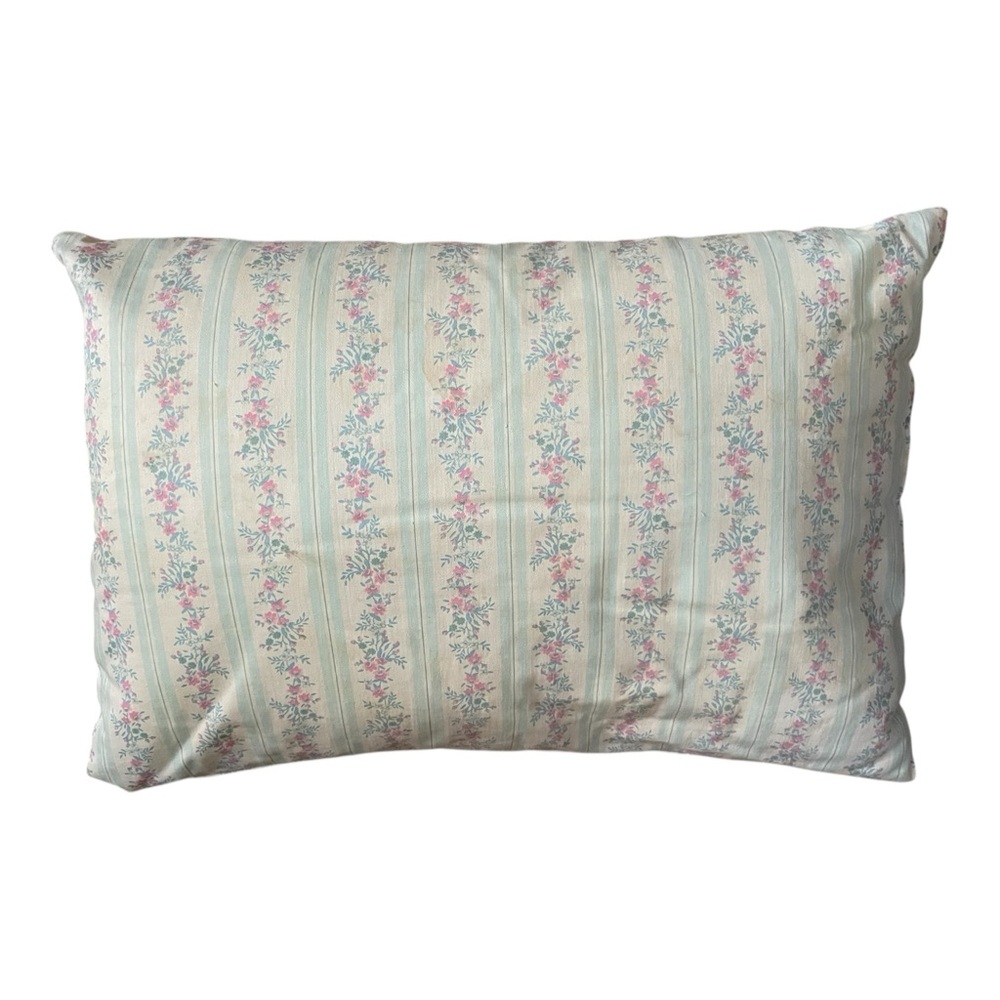VTG FARMHOUSE PINK ROSE FLORAL BLUE TICKING STRIPE FABRIC BED PILLOW 24 X 15
